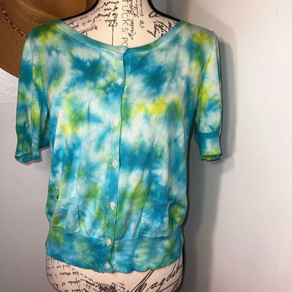 Peter Nygard,M watercolor button ribbed shortsleeve pocket lightweight sweater 